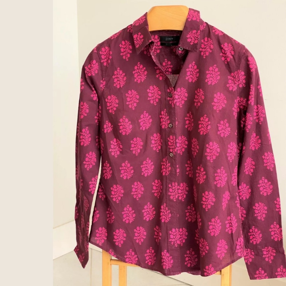 J Crew Cotton Perfect Shirt Burgundy Floral Size 4